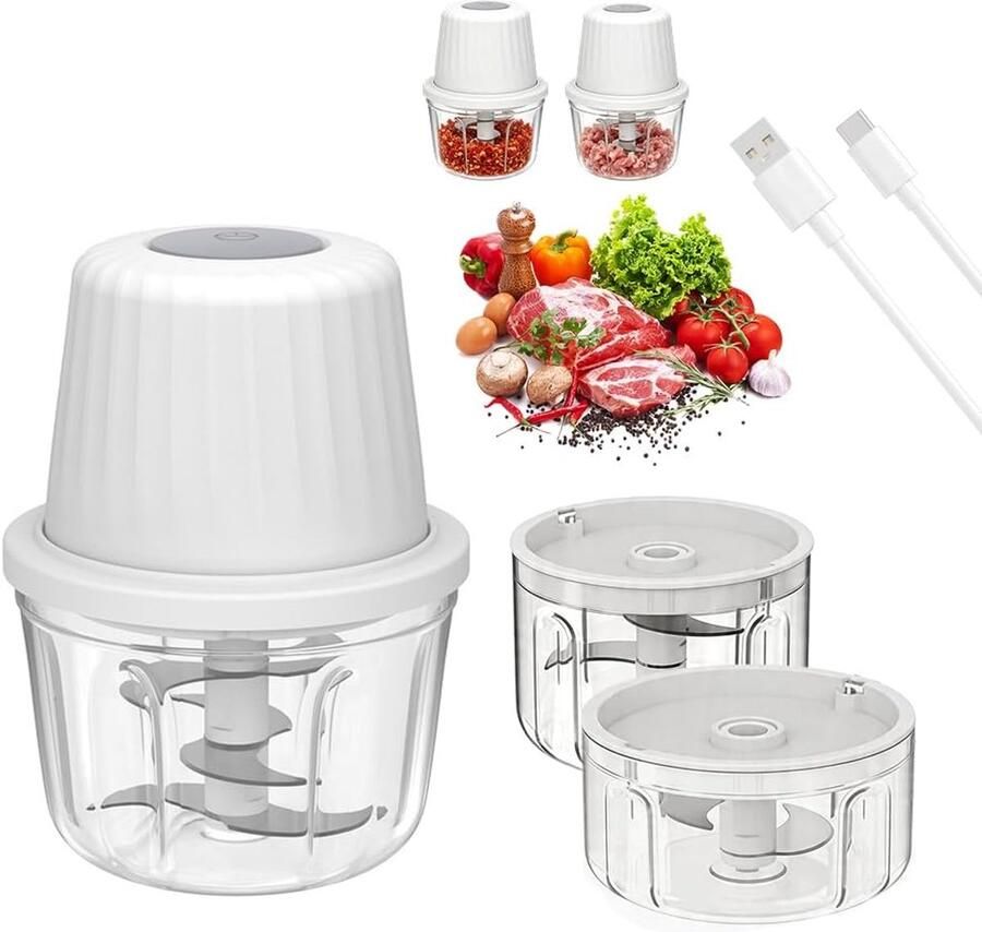 SnelShoppen Elektrische Keukenmachine Uienhakker Draadloos met USB-Oplader Mini Groentesnijder voor Vlees Noten Fruit Uien 400+250+100ml