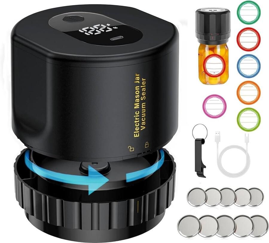 SnelShoppen Elektrische Mason Jar Vacuum Sealer Kit Geschikt voor Wijde en Normale Monden Inclusief USB-kabel Flessendopopener en 12 Labelstick