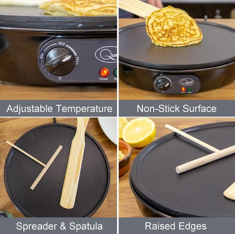 SnelShoppen Elektrische Pannenkoek & Crêpe Maker 12 Inch Niet-aanbak Kookplaat met Verhoogde Randen Instelbare Temperatuur Inclusief Houten Sp