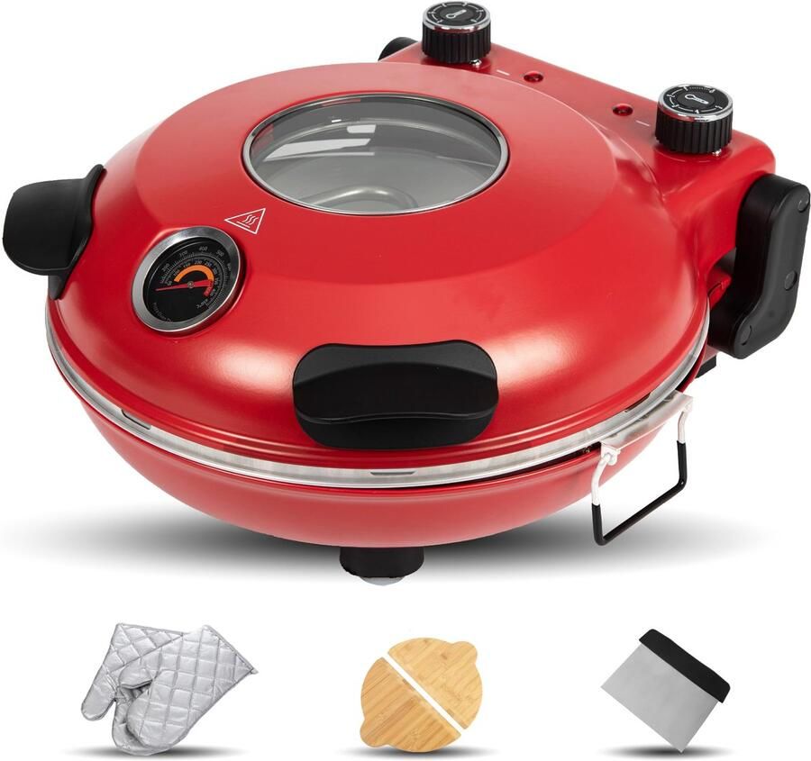 SnelShoppen Elektrische Pizzaoven 1200W Pizza in 4 Minuten 32cm Vuurvaste Steen Max Temperatuur 420 °C 5 Standen Rood Ideaal voor Thuis Fees