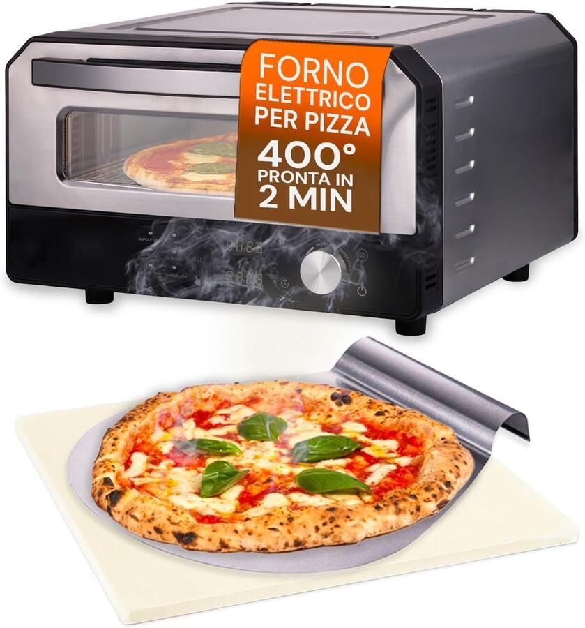 SnelShoppen Elektrische Pizzaoven 400 °C met Digitaal Display 6 Kookprogramma's Inclusief RVS Pizzaschep Eenvoudig Bediening en Nauwkeurige Tempe