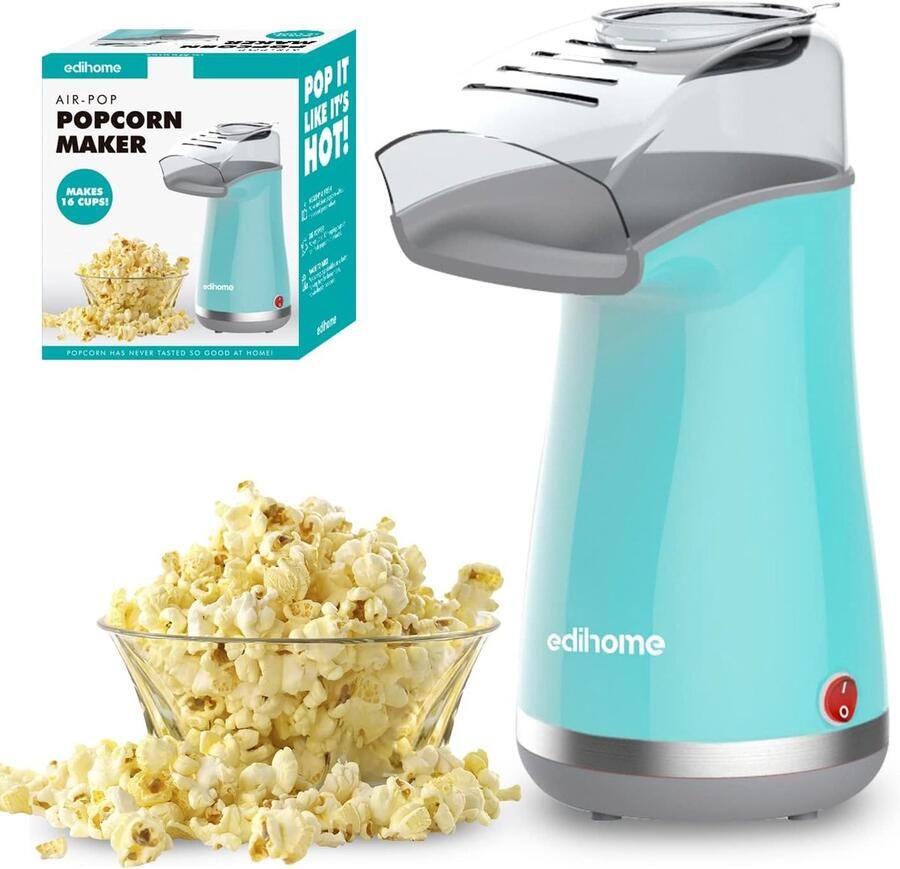 SnelShoppen Elektrische Popcornmachine 1200 W Inclusief Doseringslepel Popcorn in 2 Minuten Blauw Voor Feesten Camping en Thuisgebruik