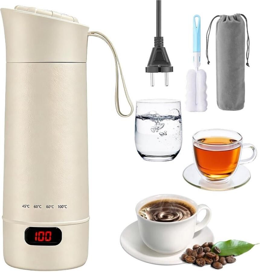 SnelShoppen Elektrische Reiswaterkoker 400 ml Mini Waterkoker met 4 Temperatuurinstellingen 4-in-1 Draagbare RVS Waterkoker voor Thee Koffie Bab