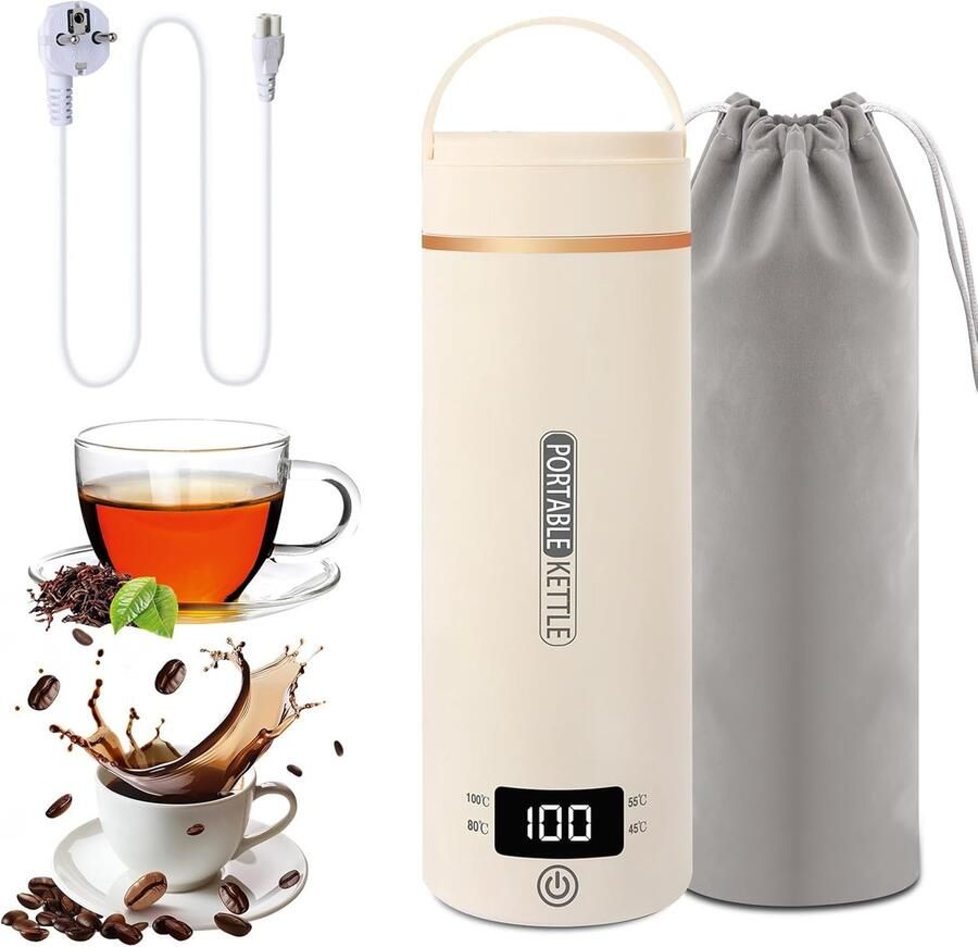 Thijox Elektrische Reiswaterkoker 500 ml Mini Waterkoker Draagbaar Klein Roestvrij Staal Automatisch Sluiten Voor Thee Koffie Babymelk Beige Camping