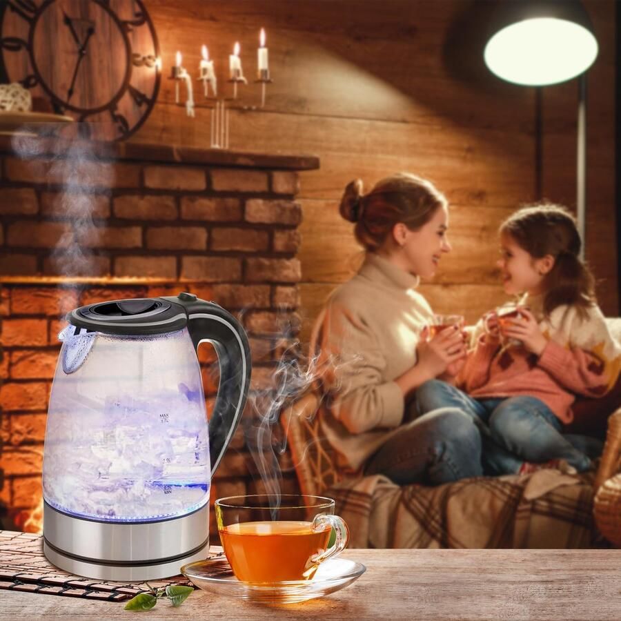 SnelShoppen Elektrische Waterkoker 1 7L met Blauw LED-Display 2200W Automatische Uitschakeling 360° Draaibaar Ideaal voor Keuken Camping en Fe