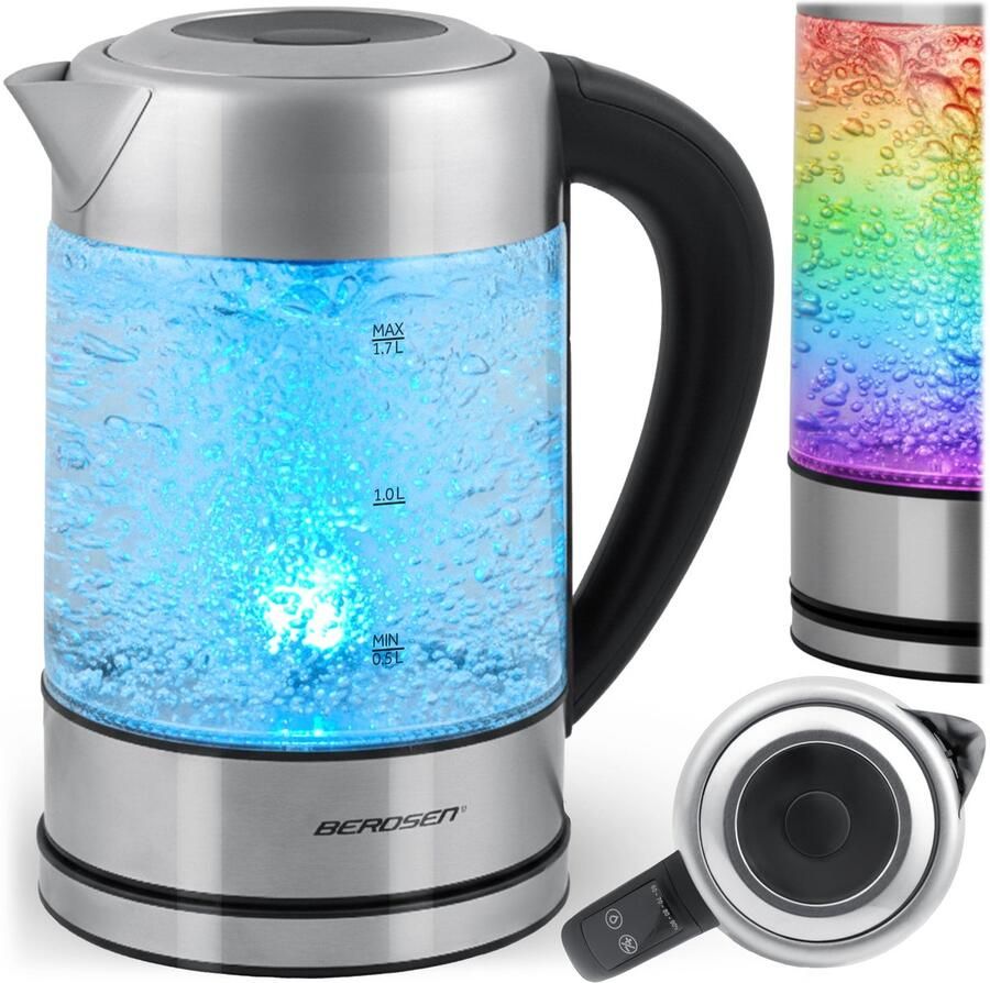 SnelShoppen Elektrische Waterkoker 1 7L met Temperatuurregeling 60-100°C Glazen Led Touch-Display Roestvrij Staal Zilver-Zwart 2200W Keuken Ac