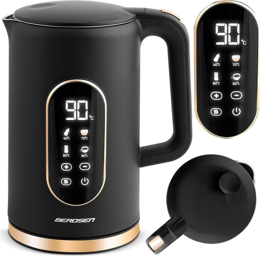 SnelShoppen Elektrische Waterkoker 1.7 Liter met Temperatuurinstelling Digitale LED Temperatuurweergave Droogloopbeveiliging 360° Basis Zwart Go
