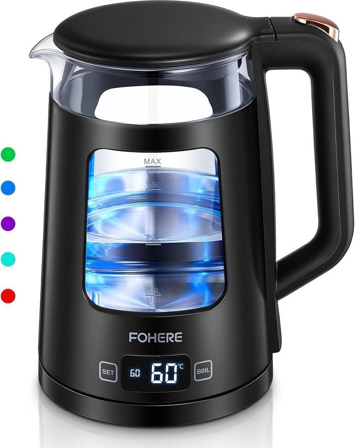 SnelShoppen Elektrische Waterkoker Met Temperatuurinstelling 1.7 L Glazen Kettle 2200 W Snelle Kookfunctie Automatische Uitschakeling Kookdroogb