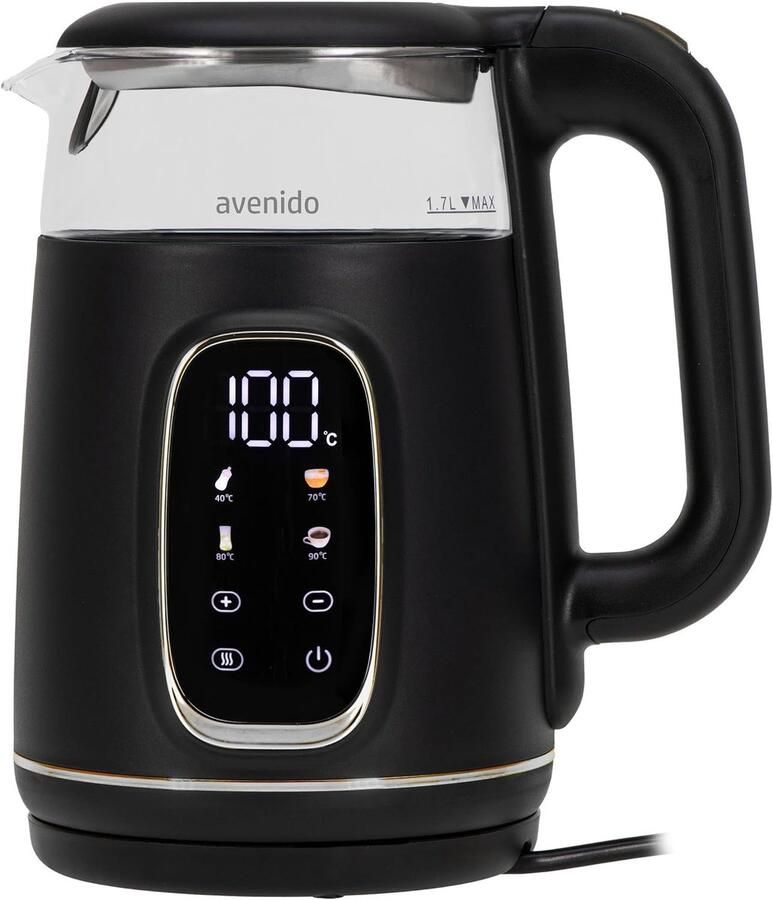 SnelShoppen Elektrische Waterkoker met Temperatuurinstelling 2200 W Vermogen 1 7 L Inhoud Warmhoudfunctie 2 Uur Glas en Kunststof Zwart-Zilver