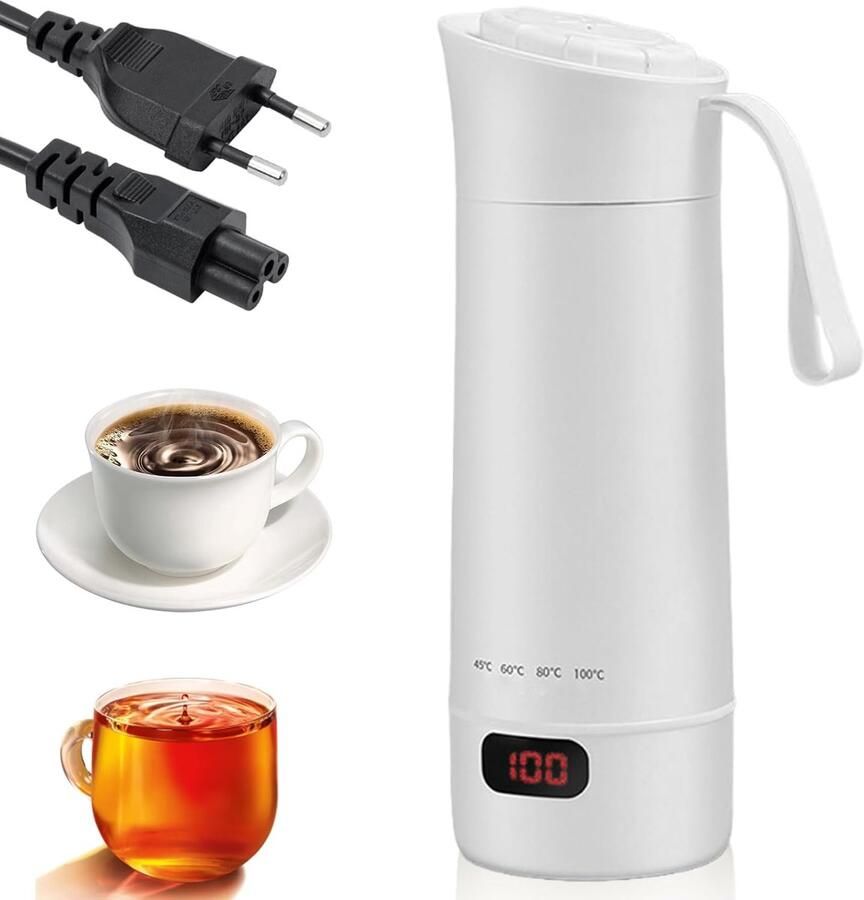SnelShoppen Elektrische Waterkoker Mini 400ml Draagbare Waterbeker BPA-vrij 304 Roestvrij Staal 4 Temperatuurstanden Wit Perfect voor Camp