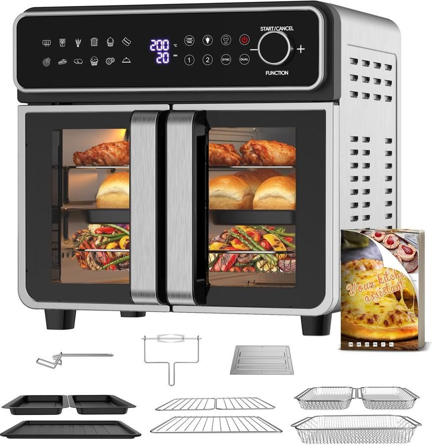 SnelShoppen Emphsism XXL 23L Airfryer Mini-oven met Flex-Zone Dubbele Kamer Openslaande Deuren Onafhankelijke Temperatuurregeling tot 200°C 12-i