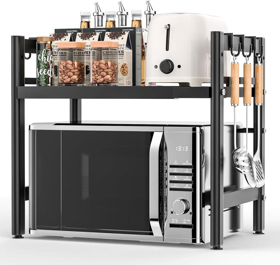 SnelShoppen Expandable Magnetron Rack Keuken Organizer Verstelbare Magnetron Stand Zwart Met 6 Haken Ideaal voor Oven Koffiezetter Werkb