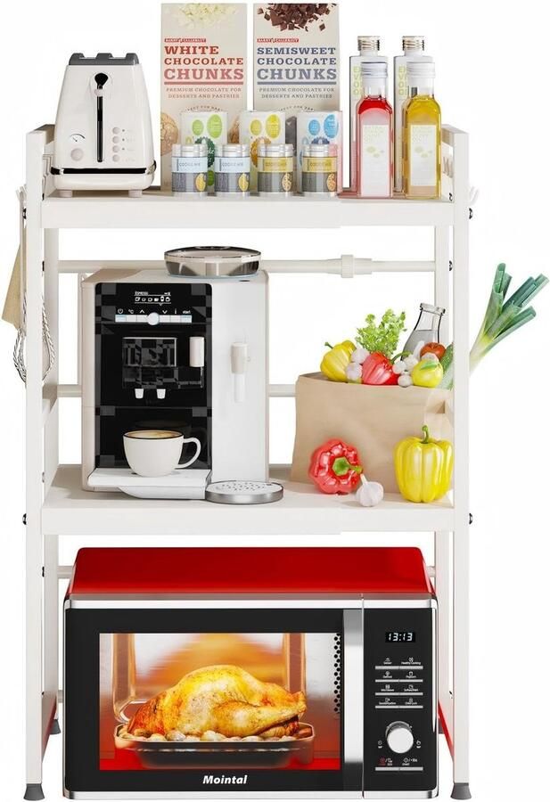 SnelShoppen Expandable Microwave Rack 3-Layer Keuken Magnetron Stand Carbon Staal Countertop Magnetron Houder 8 Haakjes Wit Keuken Dining