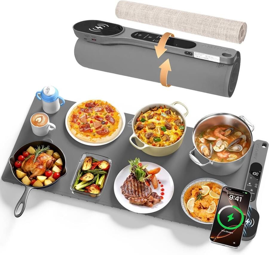 SnelShoppen Extra Grote Food Warming Mat 34x15 met Draadloze Oplading Snelle Verwarming 7 Temperatuurinstellingen & 8-Uur Timer voor Feesten en