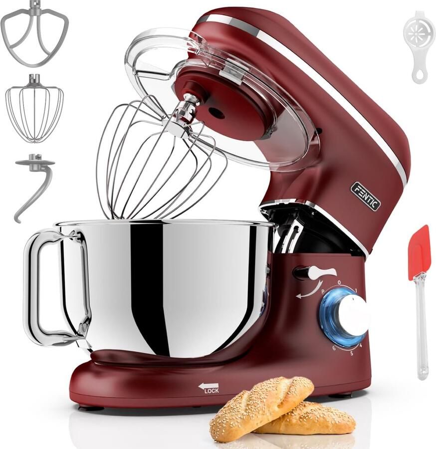 SnelShoppen Keukenmachine 2000W RVS Mengkom 6 2 L Keukenmixer met Roerhaak Kneedhaak Klopborstel Spatbescherming en Extra Accessoires Rood