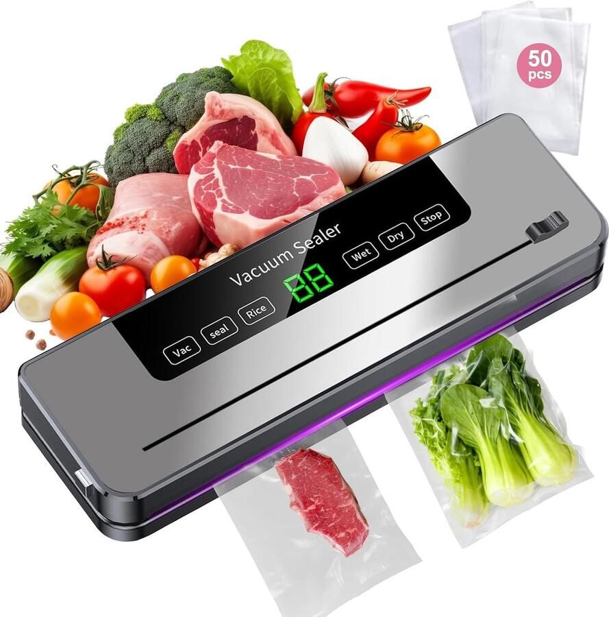 SnelShoppen Food Vacuum Machine met 60 Vacuümzakken 5-in-1 Multifunctionele Vacumeermachine Nat en Droog Modus voor het Bewaren van Fruit Groente