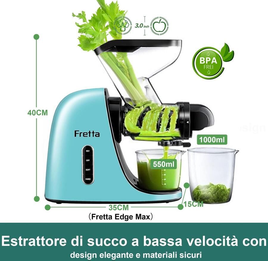 SnelShoppen Fretta Juicer Slow Juicer Roestvrijstalen Sapcentrifuge voor Groenten en Fruit 200W Koude Persmachine met 76mm Opening Hoge Sapopb