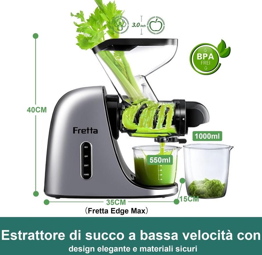 SnelShoppen Fretta Slow Juicer Roestvrijstalen Sapcentrifuge voor Groenten en Fruit 200W Koude Persmachine met 76mm Opening Hoge Sapopbrengst Ee
