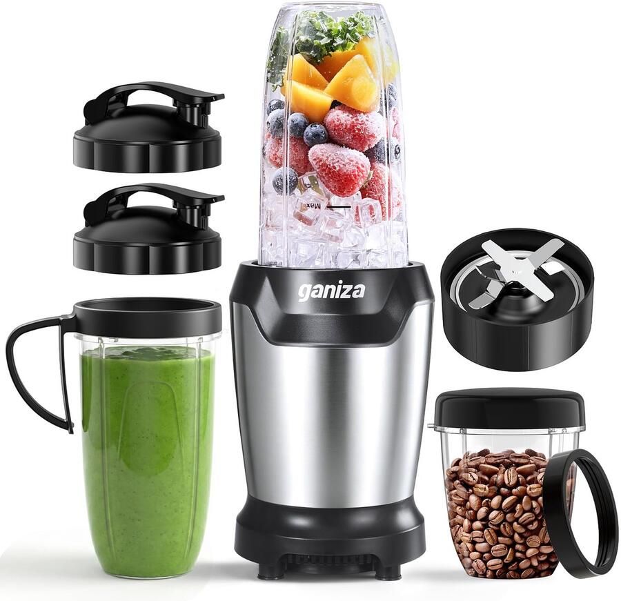SnelShoppen Ganiza Blender 1300 W Smoothie Maker met 3 Draagbare Mixbekers (2x 1100ml + 1x 660ml) Roestvrijstalen Lemmet BPA-vrij en Gemakkelijk t