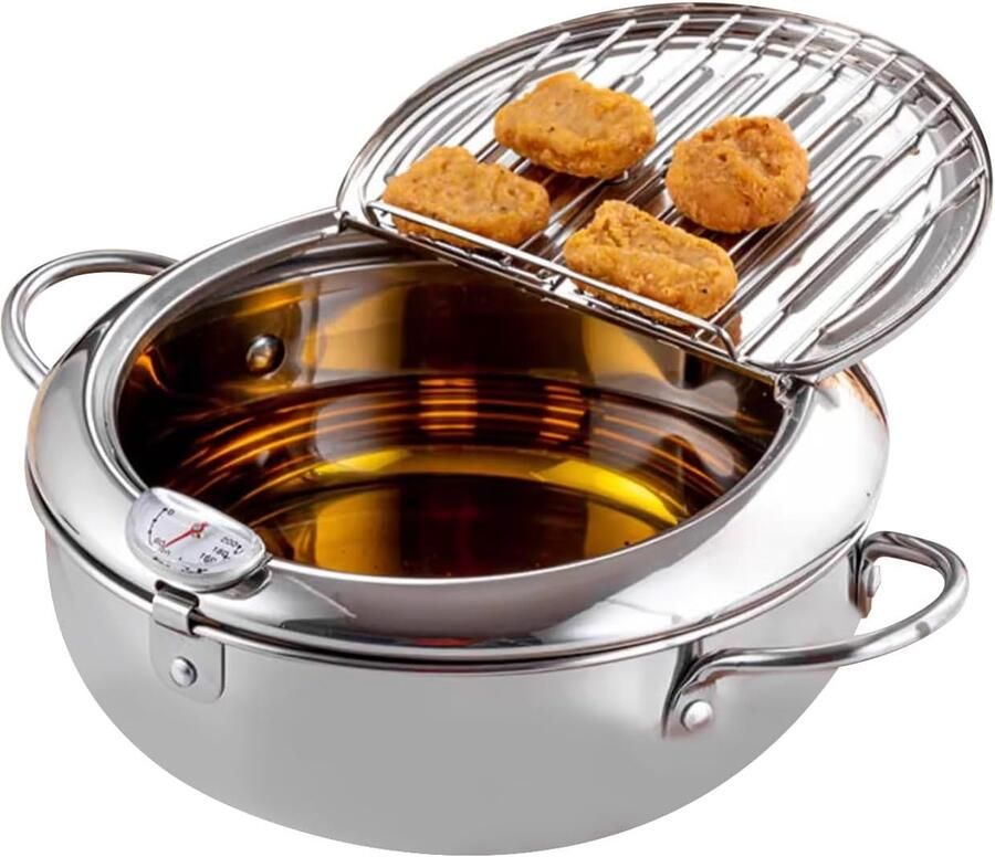 SnelShoppen Garsent Diepvriespan 3.2L RVS Frituurpan met Thermometer Deksel en Olieafvoer met Circles voor Friet Garnalen Kippenvleugels Keuk