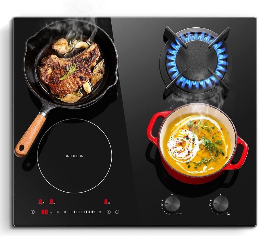 SnelShoppen Gas- en inductiekookplaat 60 cm met Boost-functie gietijzeren pothouder 6 9 kW sterke brander 9-traps touch-control timer 99 min ki