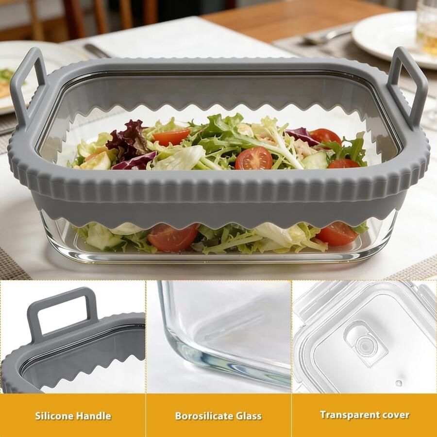 SnelShoppen Glass Baking Dish met Silicone Handvatten voor Air Fryer BPA Vrij Hittebestendig Vaatwasmachinebestendig 21x16x7 cm Grijs Perf