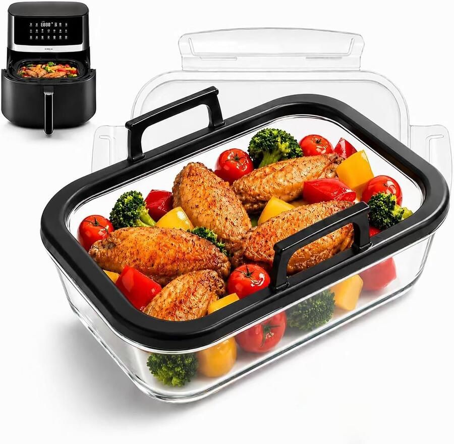 SnelShoppen Glasvorm voor Airfryer met Deksel Hittebestendige Mat Siliconen Handschoenen en Uithaakhaak 20 3 x 15 5 x 6 4 cm Geschikt voor Diver