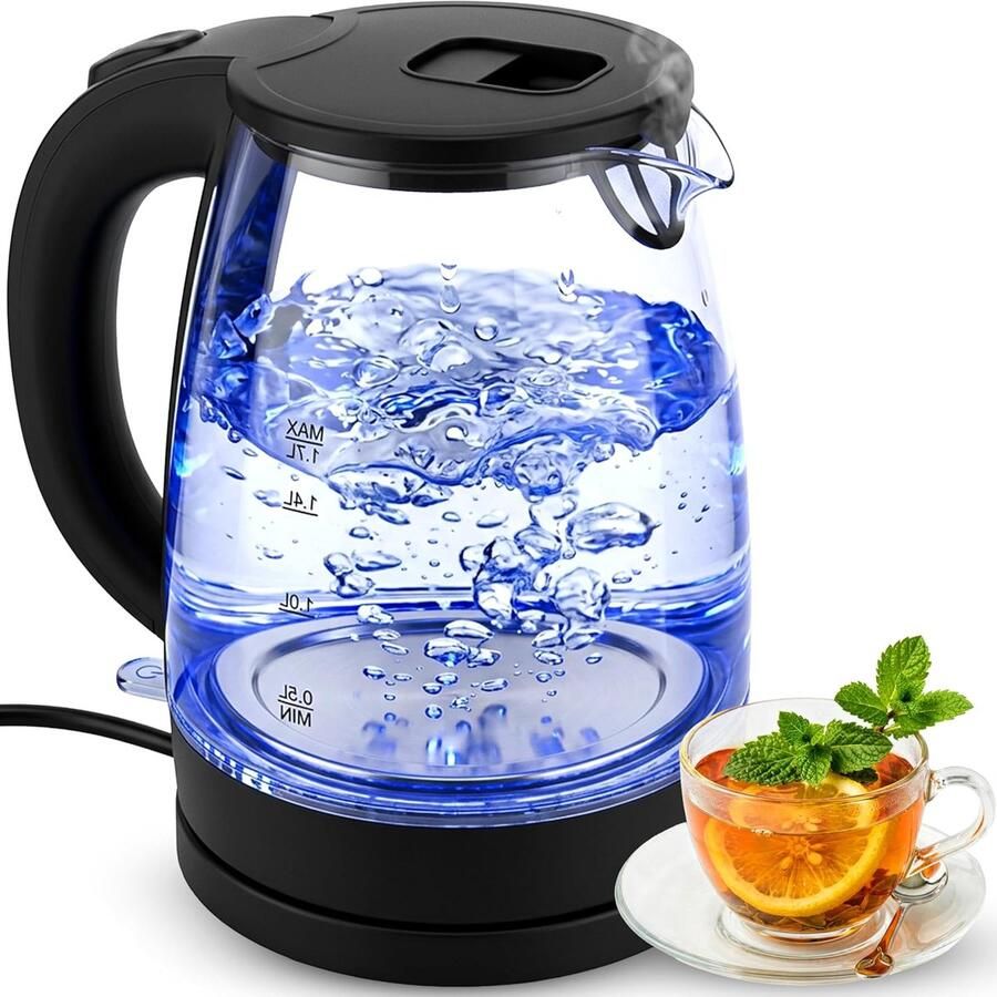 SnelShoppen Glazen Waterkoker 1 7L 2200W met Flitsverwarming Blauwe LED Binnenverlichting 360° Basis Automatische Uitschakeling Roestvrij Staal
