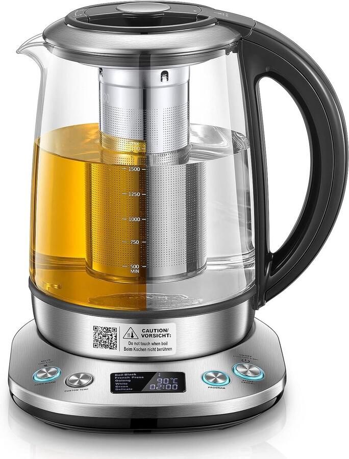 SnelShoppen Glazen Waterkoker met Temperatuurinstelling 2200 W 1.7 L 6 Voorinstellingen 2 Uur Warmhoudfunctie LCD Display RVS Basisstation