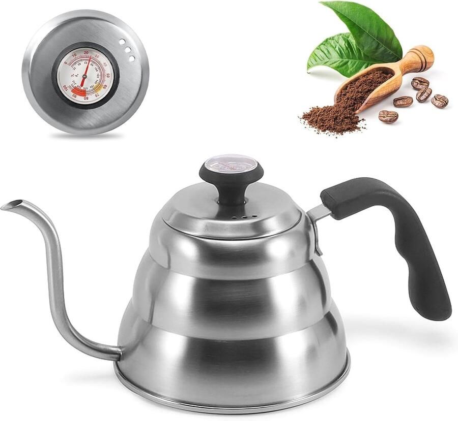 SnelShoppen Gooseneck Waterkoker met Thermometer 1 Liter RVS Koffiepot Duurzame en Makkelijk Schoon Te Maken Kettle voor Alle Hob Types Ideaal