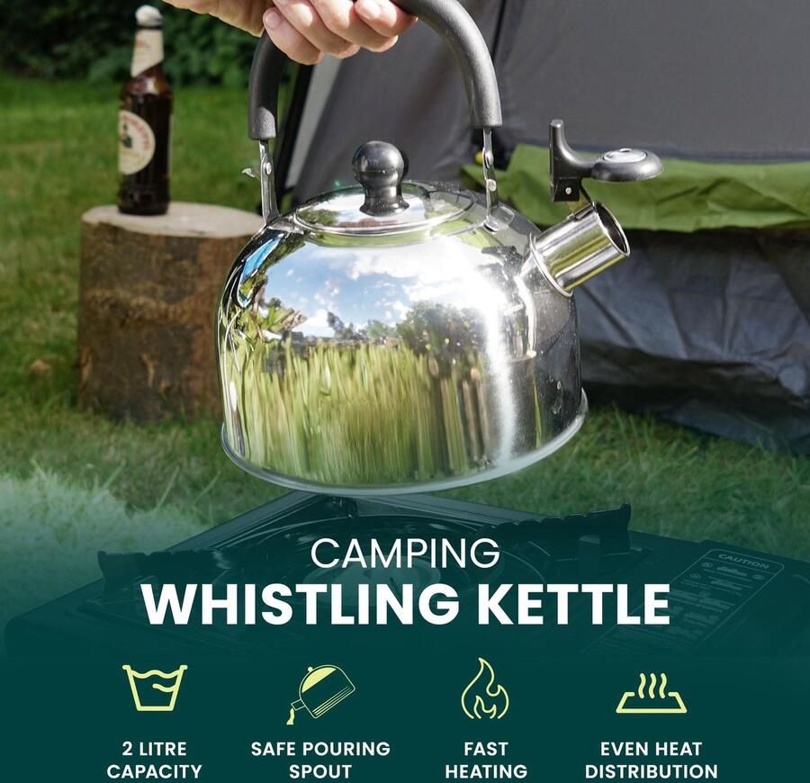 SnelShoppen Green Haven 2L Campingfluitketel Draagbare Roestvrijstalen Reistheepot Snelkook Waterkoker voor Gasfornuis Elektrisch Fornuis en Ka