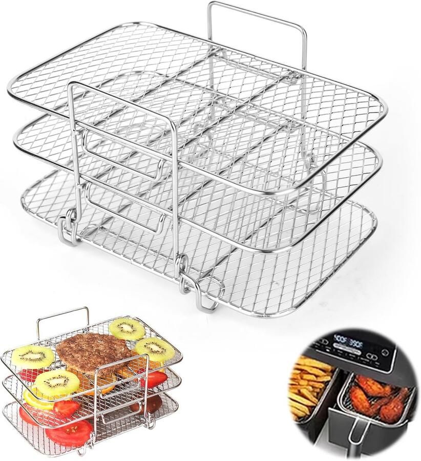 Grillrooster voor airfryer rooster voor heteluchtfriteuse 304 roestvrij staal airfryer-accessoires drielaags stapeldesign voor Ninja heteluchtfriteuse AF300EU AF400EU
