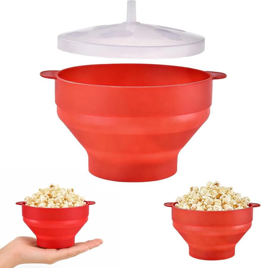 SnelShoppen Grote Vouwbare Siliconen Popcorn Container met Deksel BPA-vrij en Olievrij Voor Magnetron Thuis Keuken en Feest Rood Ideaal vo