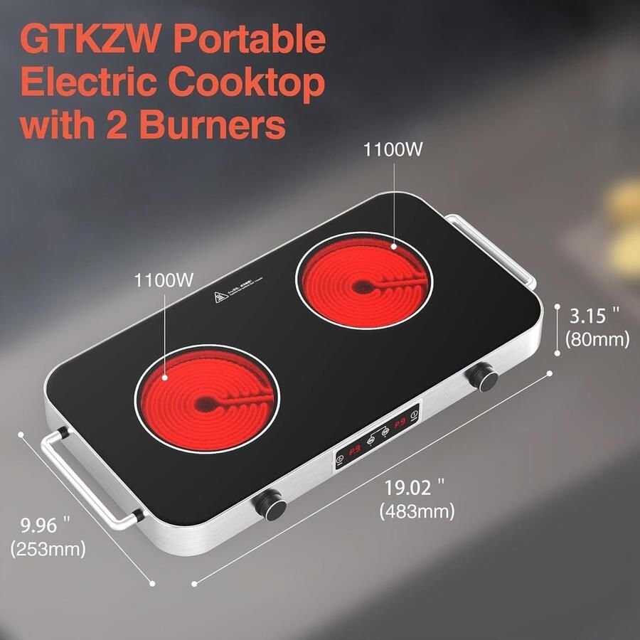 SnelShoppen GTKZW Keramische Kookplaat 2 Pits 2200W Draagbaar Elektrisch Fornuis 48 cm met 9 Vermogensstanden en Timer voor Camping Studio en Thui