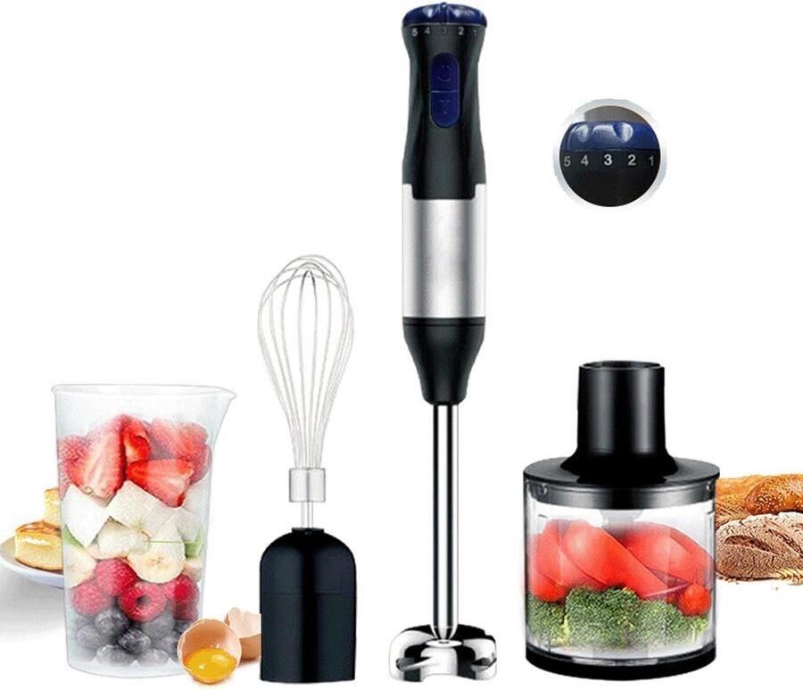 SnelShoppen Hand Blender 4-in-1 Food Processor 20 Speed RVS Perfect voor Proteïne Shakes Soepen Sauzen Smoothies EU Plug 220V