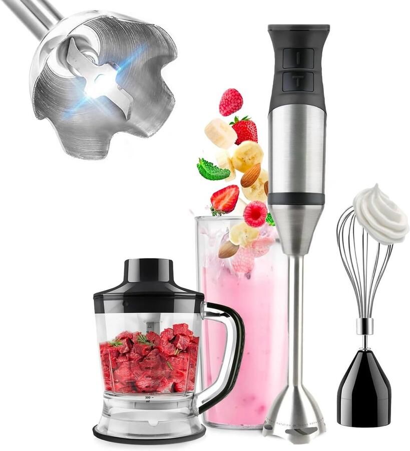 SnelShoppen Hand blender roestvrij staal 1200 W met 3 accessoires 20 snelheden en turbo ideaal voor mixen en hakken in de keuken