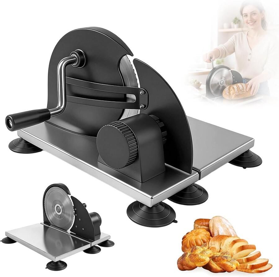 SnelShoppen Handmatige Broodsnijmachine Allessnijder met Zuignappen Traploos Instelbare Schijfdikte 1-15 mm Roestvrijstalen Lemmet met Gekartelde