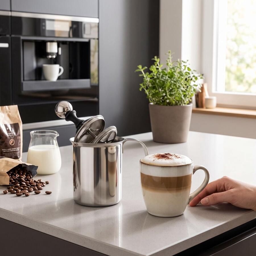 SnelShoppen Handmatige Melkopschuimer RVS Dubbele Melkschuim met Dubbele Zeef Ideaal voor Koffie Thee en Zuivel Handmatig Persmechanisme voo