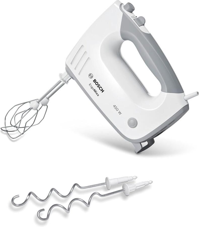 SnelShoppen Handmixer 450 Watt Ergonomische Keukenmixer Roestvrijstalen Gardes en Deeghaken Vijf Snelheden + Turbofunctie Wit Grijs Ideaal