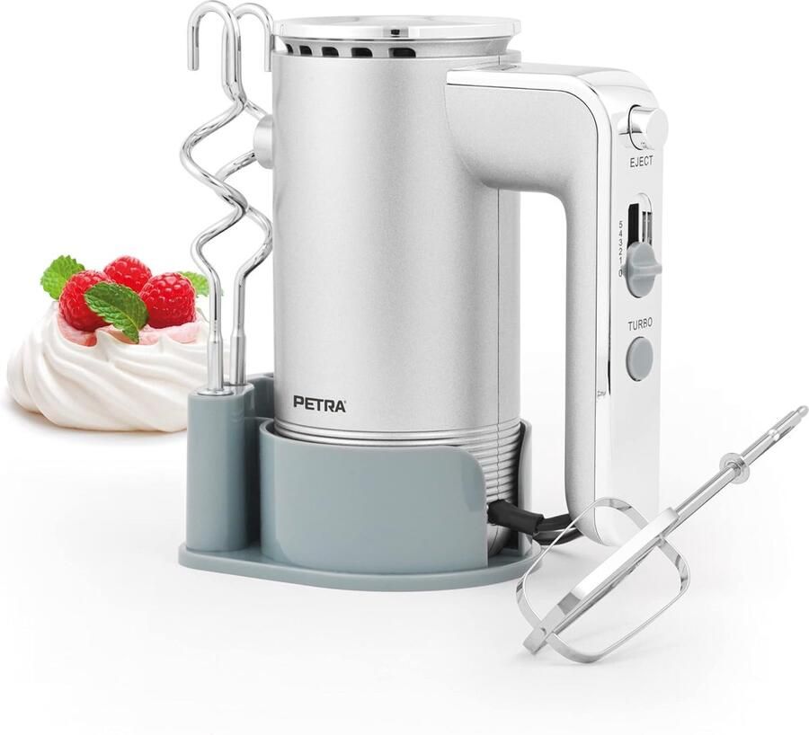 SnelShoppen Handmixer met Opbergfunctie 300W 5 Snelheden Turbo Functie 2 Deeghaken 2 Mengkloppers Keukenaccessoire voor Bakken en Koken Zilve