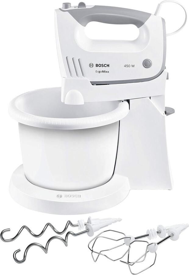 SnelShoppen Handmixer met Roterende Mengkom 450 Watt 5 Snelheden Turbofunctie Roestvrijstalen Gardes en Deeghaken Wit Grijs voor Keuken Bakken