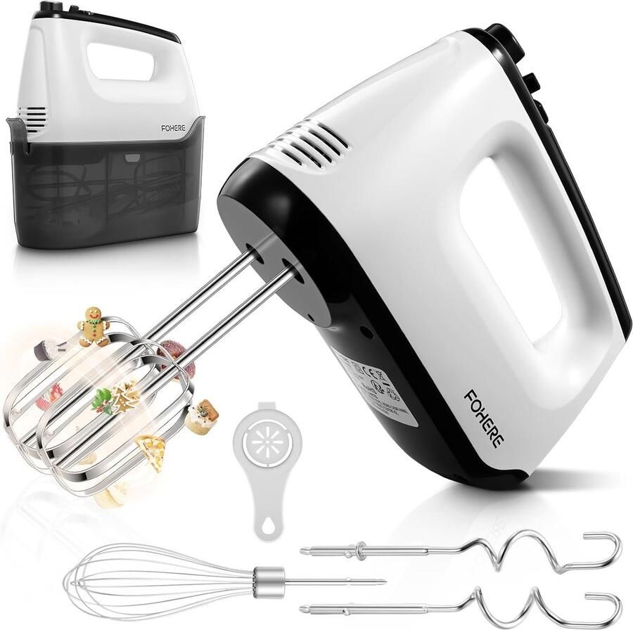 SnelShoppen Handmixers 400W met 6 Snelheden Turbo Boost RVS Geluidsarm Geen Spetteren Inclusief 6 Accessoires en Opbergtas Wit Ideaal voor Ke