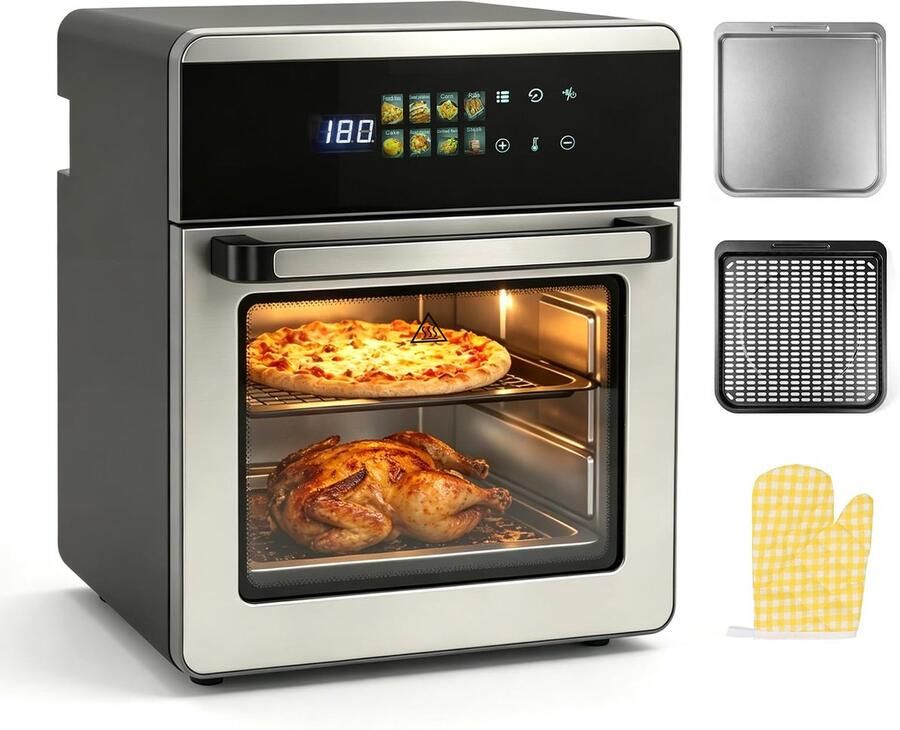 SnelShoppen Heteluchtfriteuse 16 Liter Roestvrij Staal 8-in-1 Multifunctionele Oven Airfryer Grillen Bakken Inclusief Bakplaat Droogplateau Ov