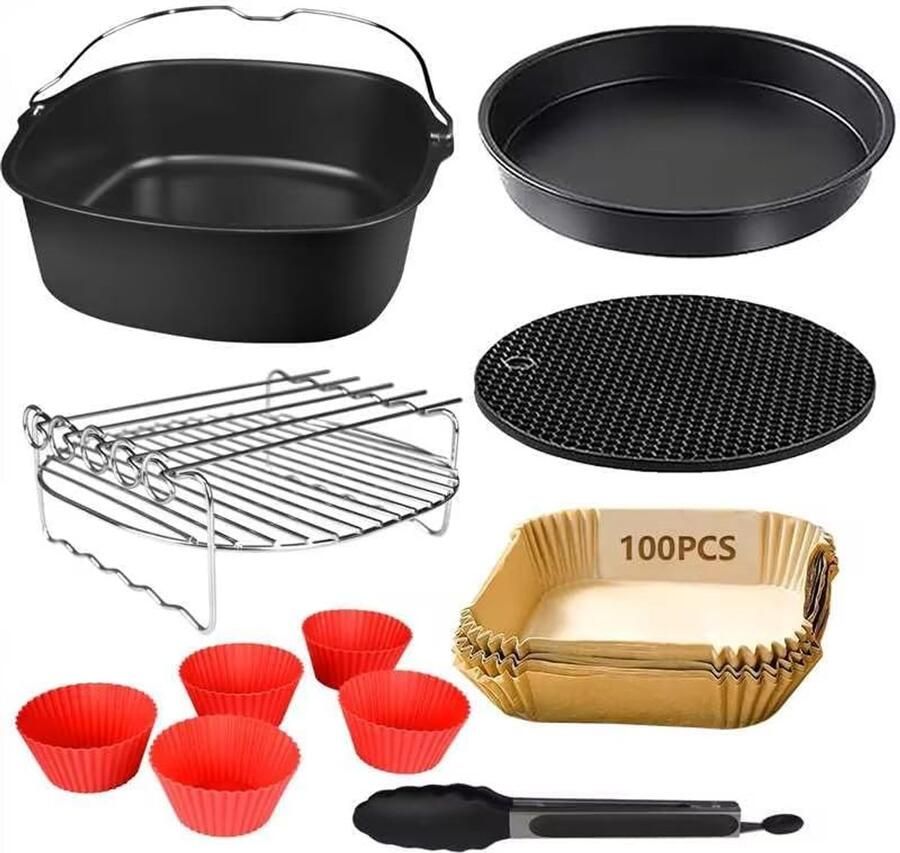 SnelShoppen Heteluchtfriteuse accessoires 12-delig BPA-vrij XXL Anti-aanbaklaag Voor vierkante airfryers Kookmogelijkheden uitbreiden Ge