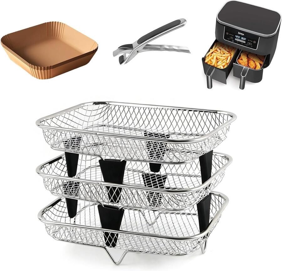SnelShoppen Heteluchtfriteuse Accessoires Dubbellaags Airfryer Grillrooster 19 cm Roestvrij Staal Skewer Rack Bakstift Voor Braadpannen en Bui