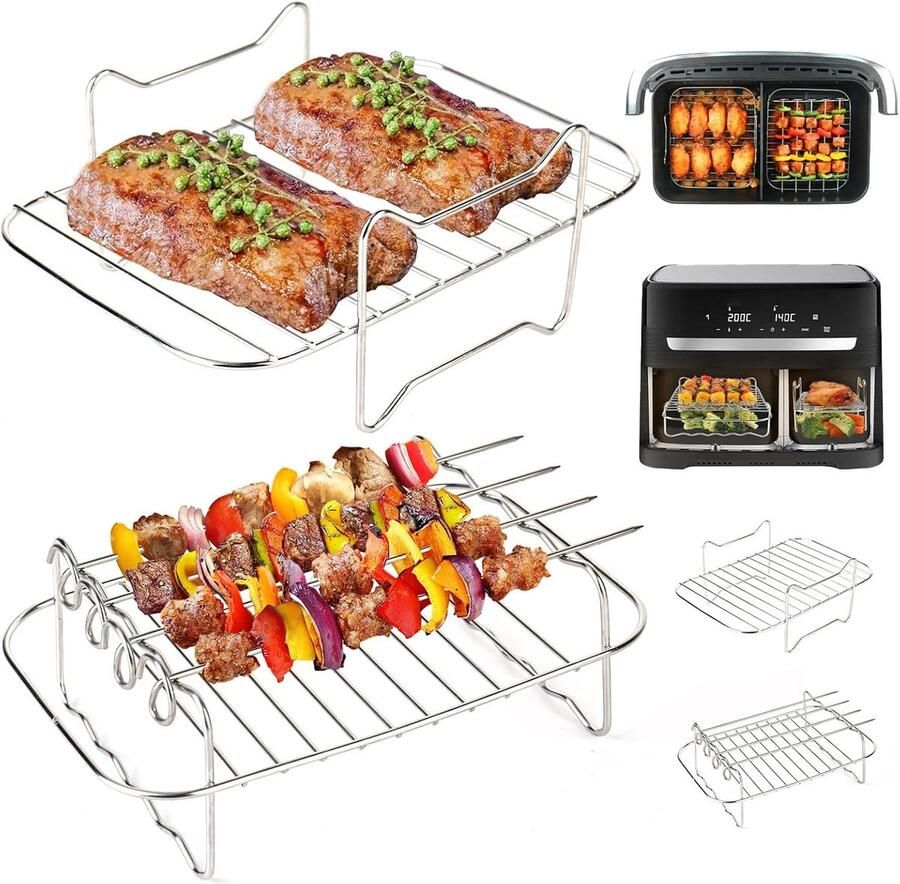 SnelShoppen Heteluchtfriteuse Accessoires Grillrooster voor Airfryer met 4 Spiesen 2 Stuks Roestvrij Staal Perfect voor Keuken Feest en Gezin