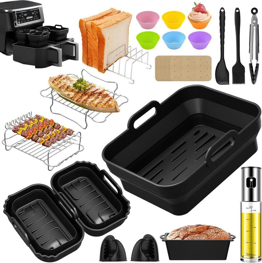 SnelShoppen Heteluchtfriteuse Accessoires Set 24 Stuks Siliconen Bakvorm Muffinvormpjes Grillrooster Bakpapier Handschoenen Voor Ninja Foodi