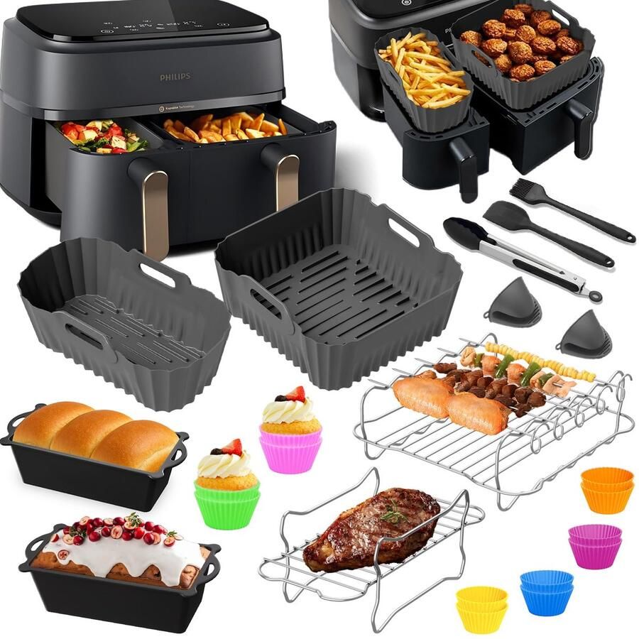 SnelShoppen Heteluchtfriteuse Accessoires Set voor Philips Dual Basket Airfryer 3000-serie 6L 3L 23-delige Siliconen Vorm en Grillrooster Cake en
