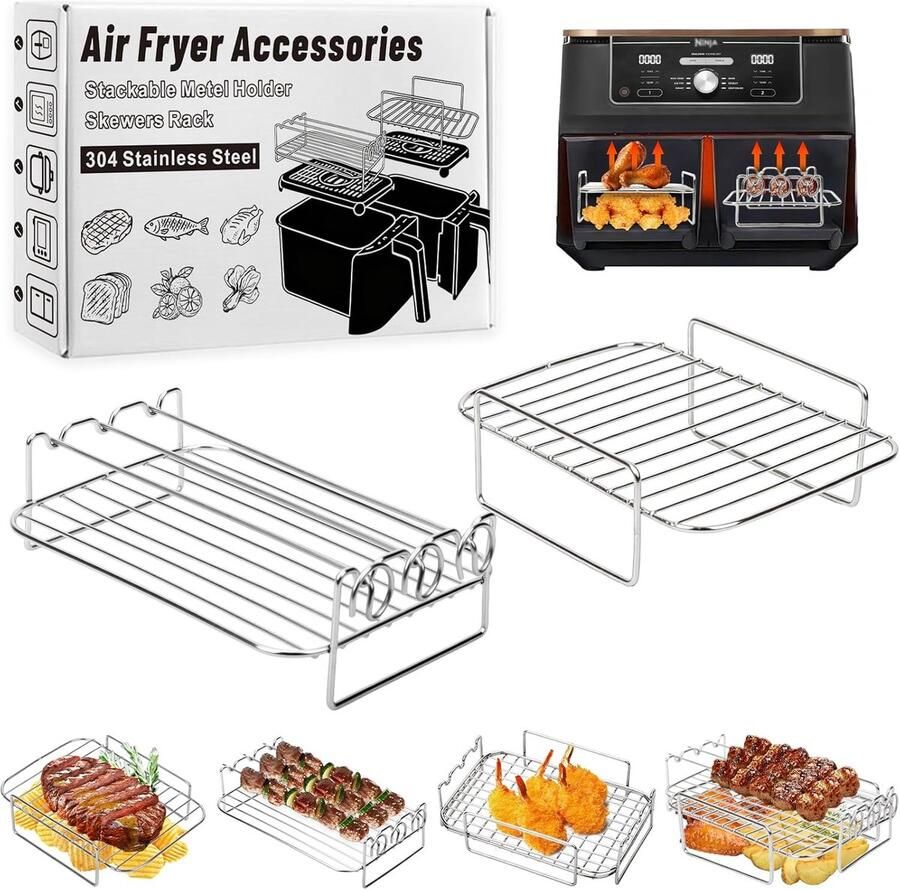 SnelShoppen Heteluchtfriteuse Accessoires Stapelbaar Grillrooster voor Dual Zone Airfryer 7 6L 10 4L Roestvrij Stalen Grill-inzetstukken voor Keu