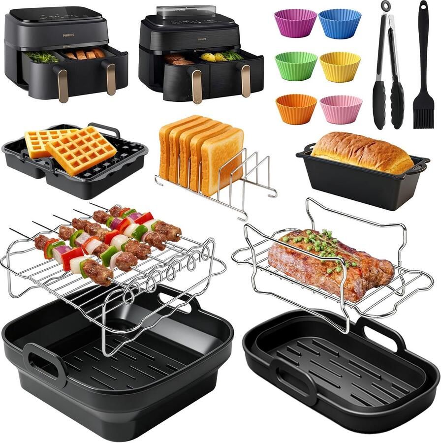 SnelShoppen Heteluchtfriteuse Accessoires voor Philips Airfryer Dual Basket 3000-5000 serie 9L 15 Stuks Siliconen Bakvormen en Inzetstukken Multi